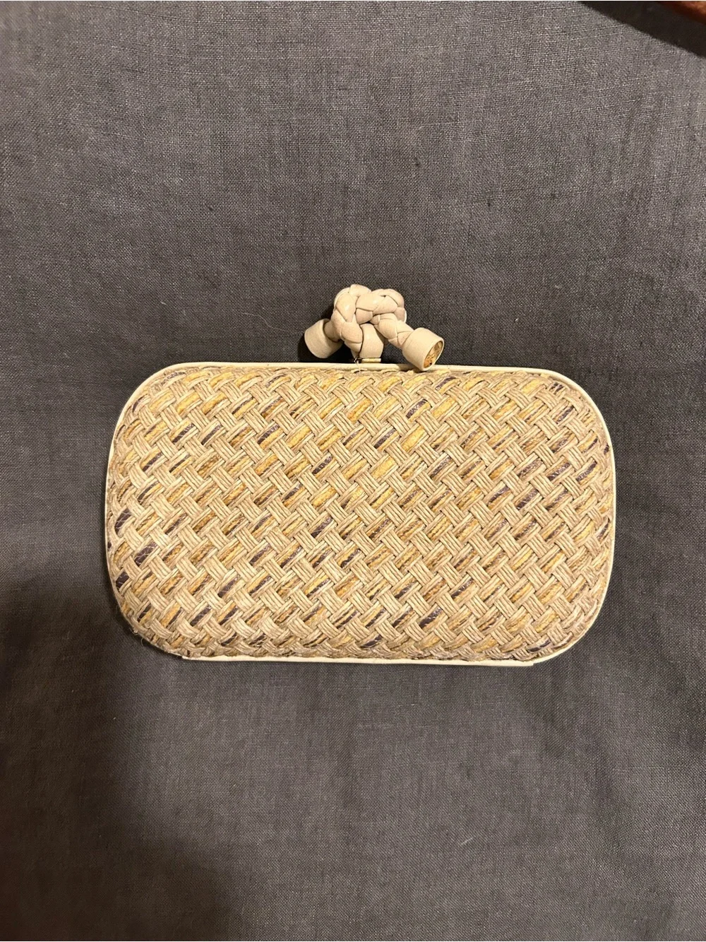 Bottega Veneta Woven Straw Clutch in Natural Beige with Knotted Leather Top